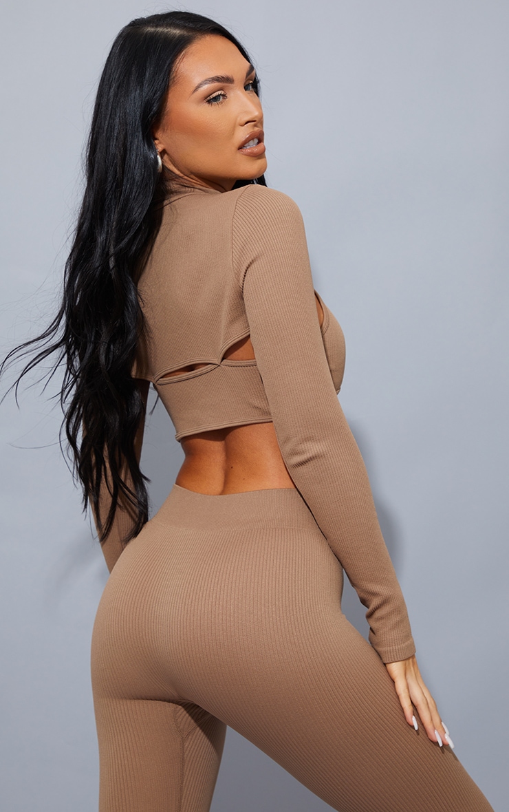 Brown Structured Contour Rib Cut Out High Neck Long Sleeve Crop Top image 2