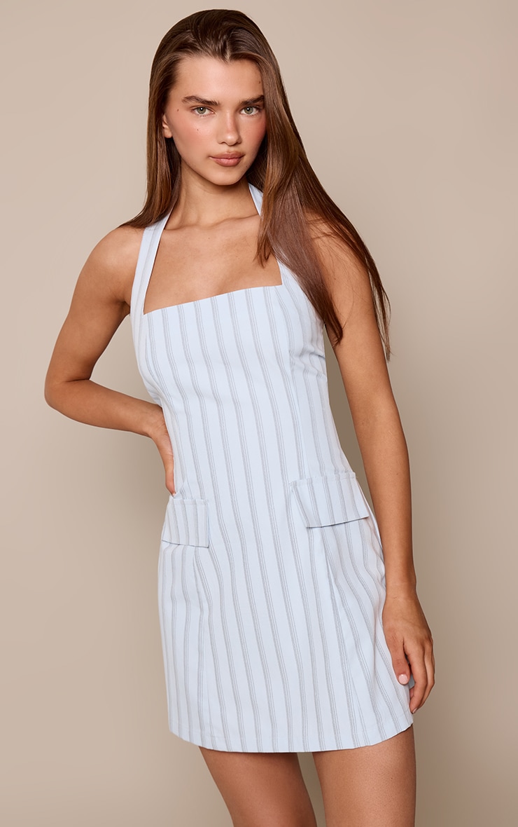 Baby Blue Striped Halterneck Pocket Detail Shift Dress image 1