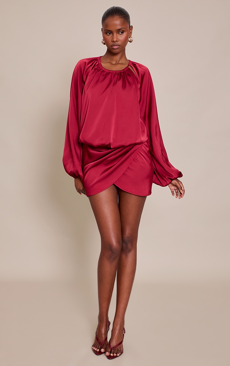 Burgundy Satin Wrap Ruched Long Sleeve Mini Dress image 3
