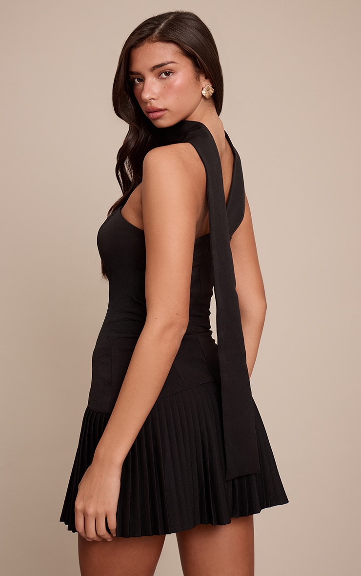Black Bandeau Scarf Detail Pleated Mini Dress image 2