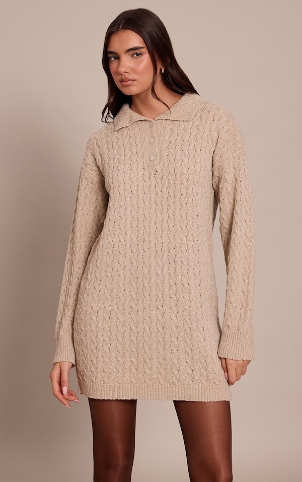 Oat Boucle Cable Knit Mini Shirt Dress
