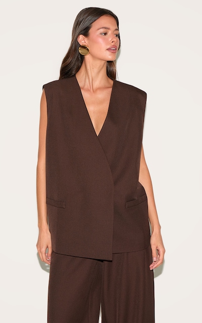 Chocolate Woven Collarless Oversized Shoulder Pad Vest