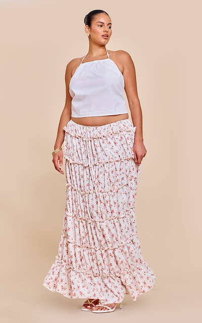 Plus Pink Ditsy Floral Print Tiered Maxi Skirt