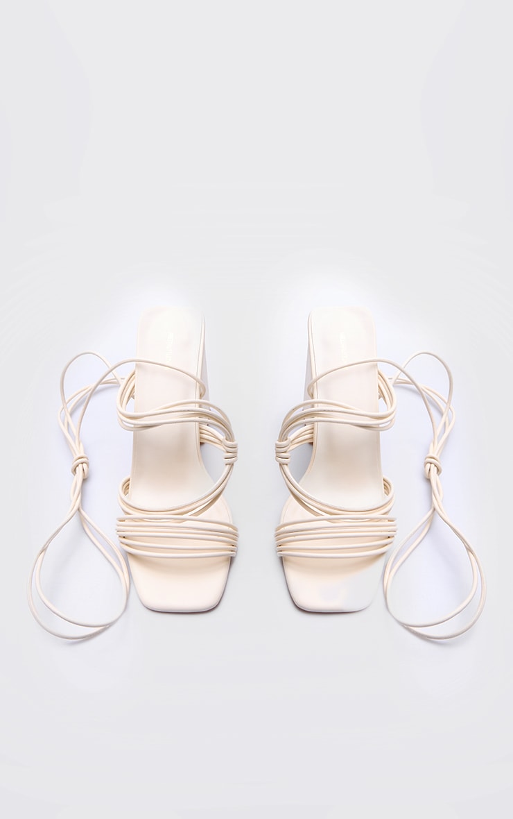 Cream PU Square Toe Strappy Lace Up Block Heeled Sandals image 3