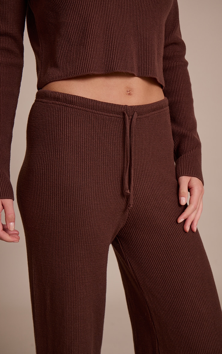 Pantalon large en maille tricot côtelée chocolat image 4