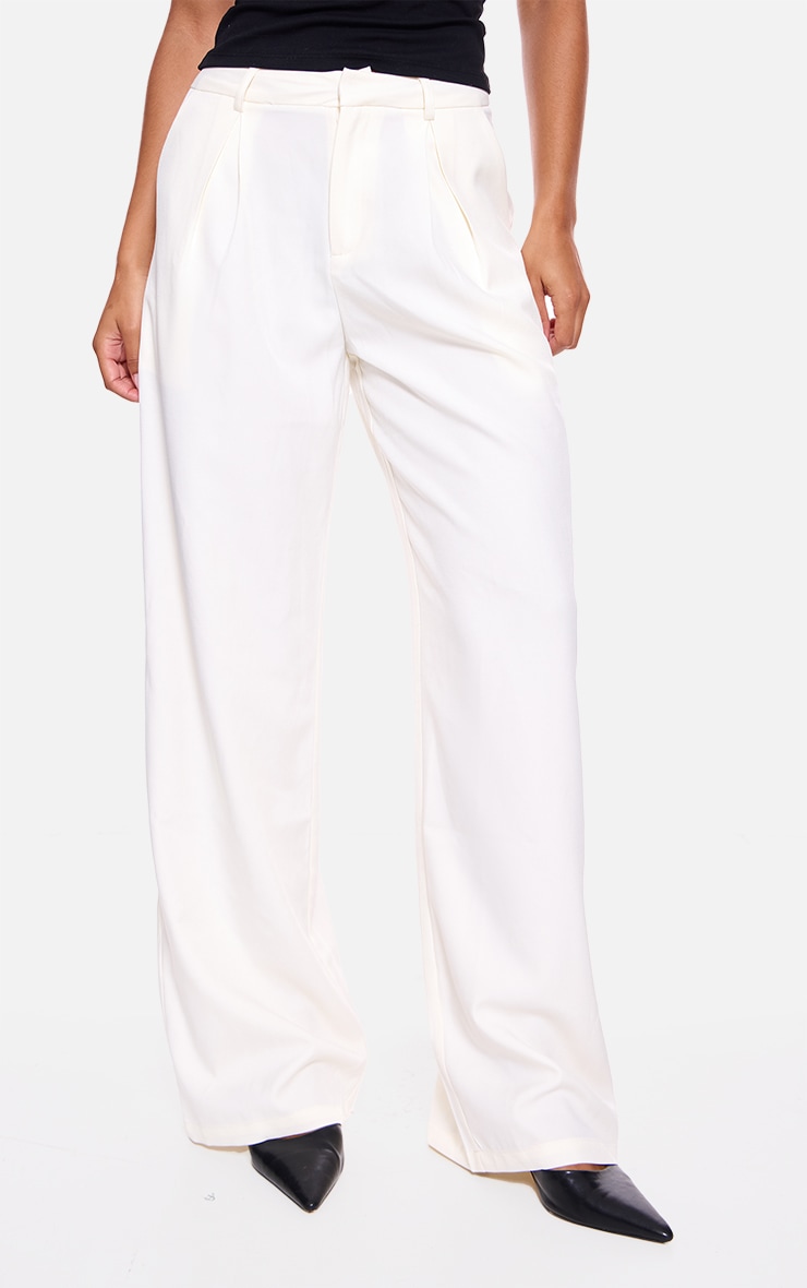 Cream Structured Woven Tailored Wide Leg Pants image 2