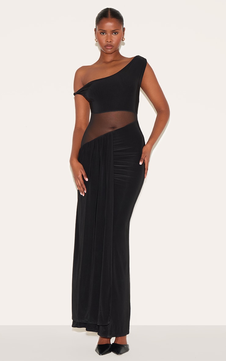 Black Slinky Asymmetric Mesh Cut Out Maxi Dress image 1