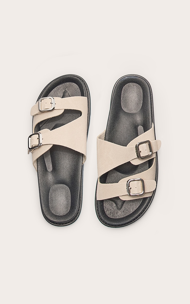 Beige Faux Suede Double Buckle Footbed Sandals image 5