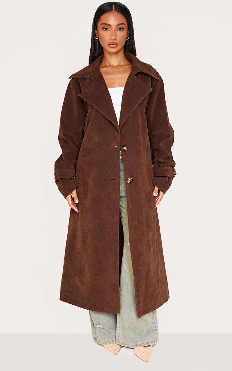 Petite Chocolate Faux Suede Belted Trench Coat image 3