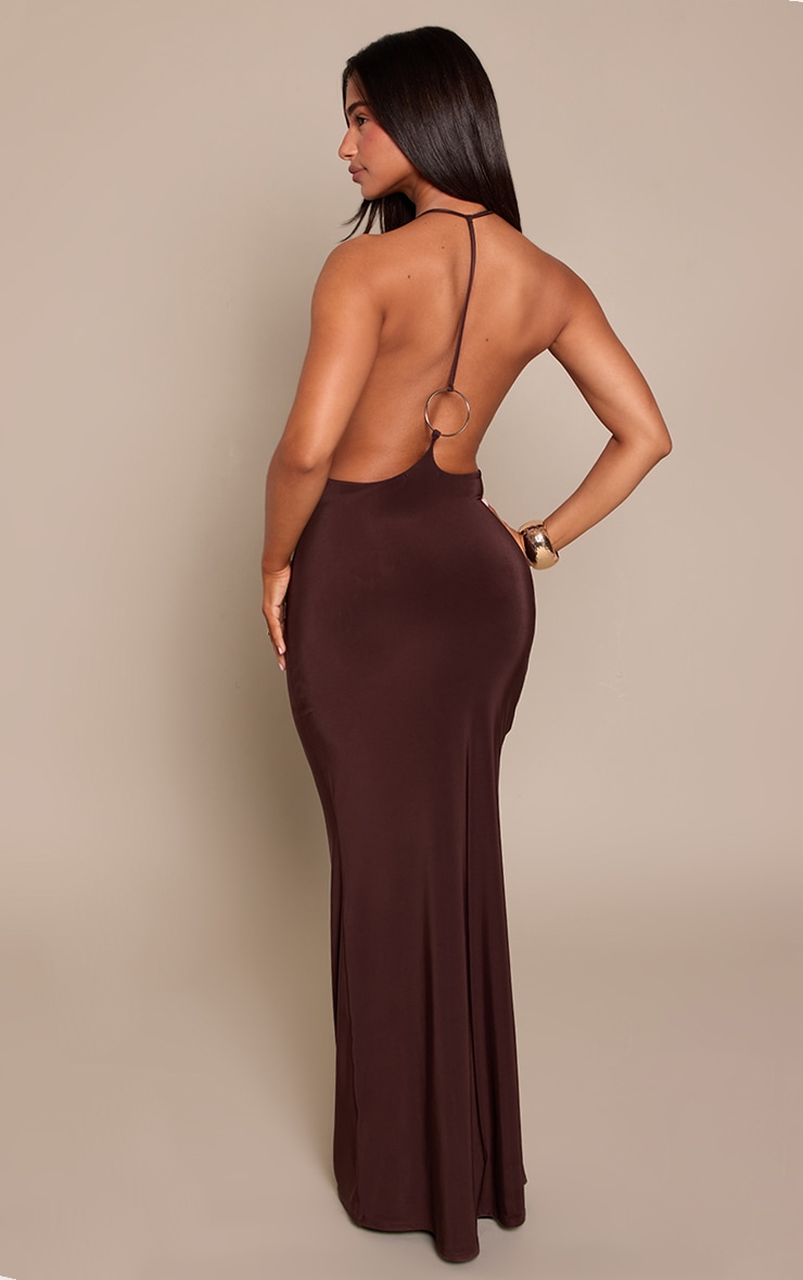 Petite Chocolate Slinky Low Cut Back Trim Detail Maxi Dress