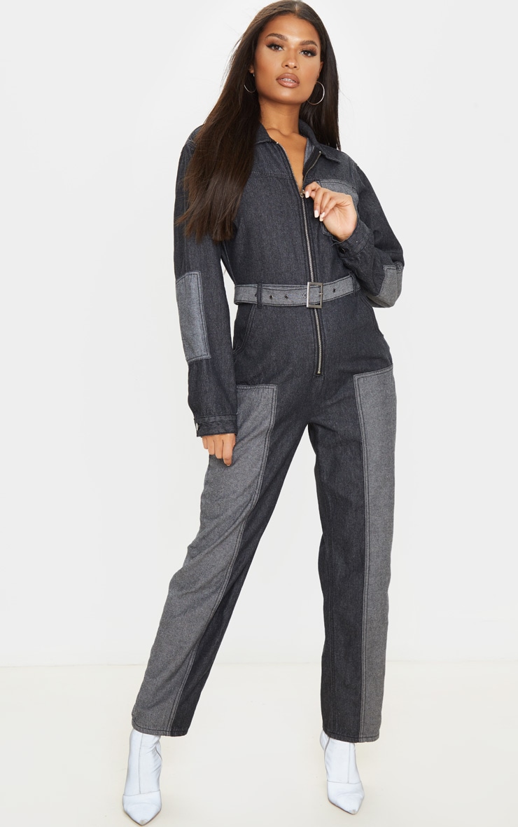 Charcoal Grey Two Tone Oversized Belted Denim Boilersuit