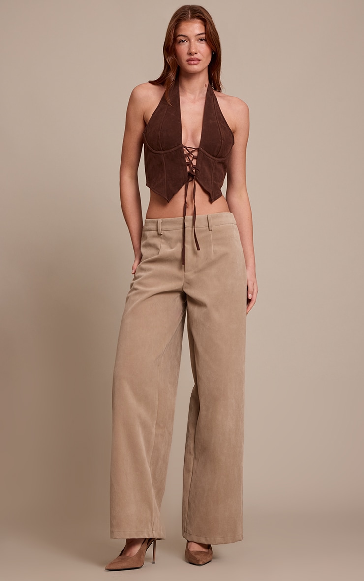 Dark Chocolate Faux Suede Lace Up Plunge Halterneck Top image 3