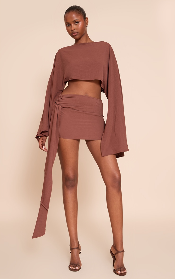 Dark Brown Floaty Woven Slash Neck Long Sleeve Top image 3