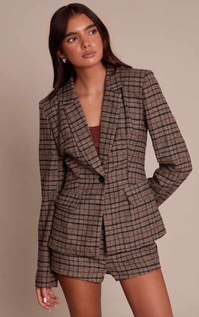 Brown Check Print Longline Blazer