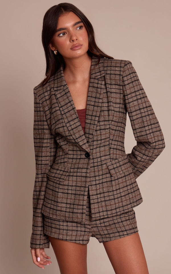 Brown Check Print Longline Blazer