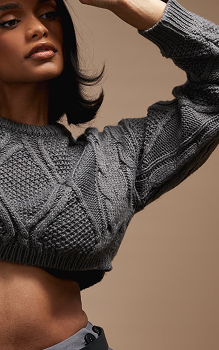  Charcoal Super Cropped Cable Knit Sweater image 4