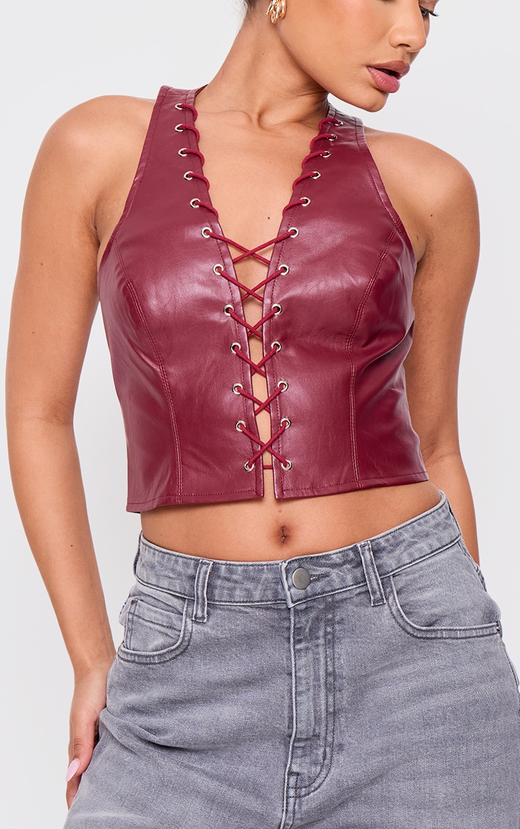 Petite Dark Red Faux Leather Lace Up Halterneck Top image 4