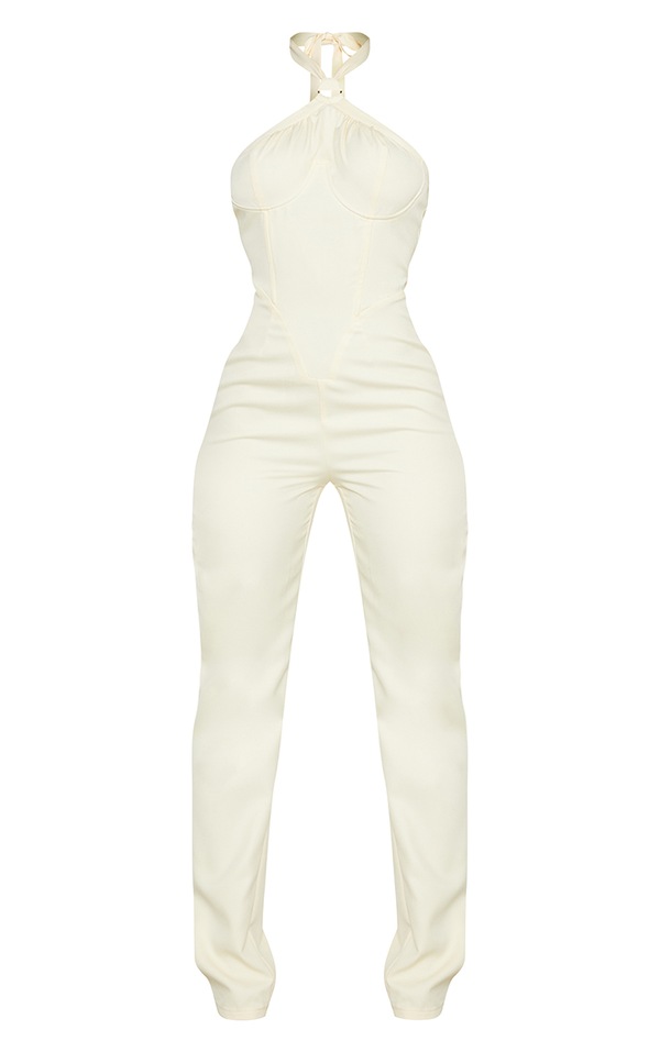 Cream Corset Ring Detail Halterneck Jumpsuit PrettyLittleThing USA
