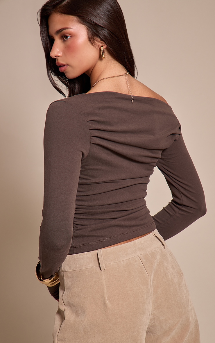 Dark Chocolate Soft Cotton Ruched Asymmetric Long Sleeve Top image 2