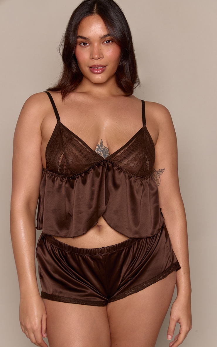 Plus Chocolate Satin Lace Cami Short Textured PJ Set