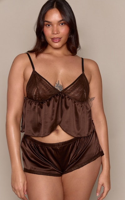 Plus Chocolate Satin Lace Cami Short Textured PJ Set