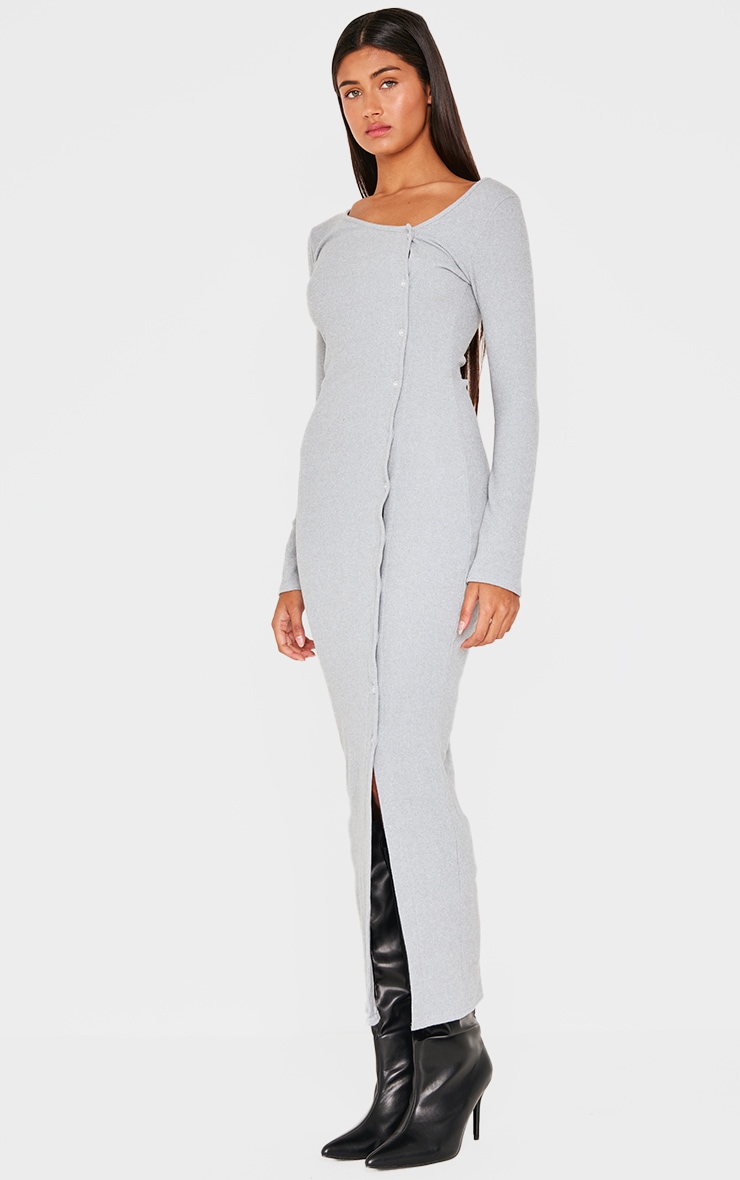 Grey Brushed Rib Button Down Midaxi Dress image 3