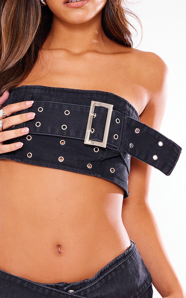 Washed Black Cross Over Belt Flare Jeans PrettyLittleThing