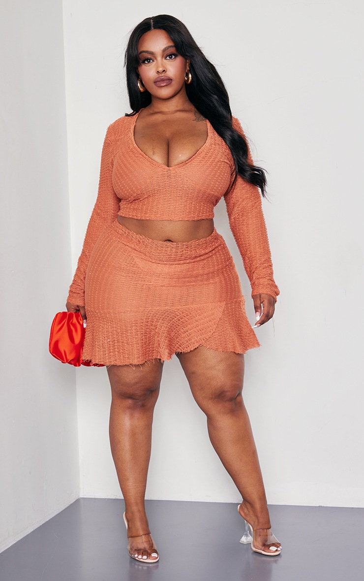 Plus Rust Textured Frayed Detail V Neck Long Sleeve Top image 3