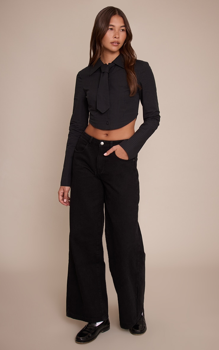 Dark Blue Check Tie Detail Cropped Shirt | Tops