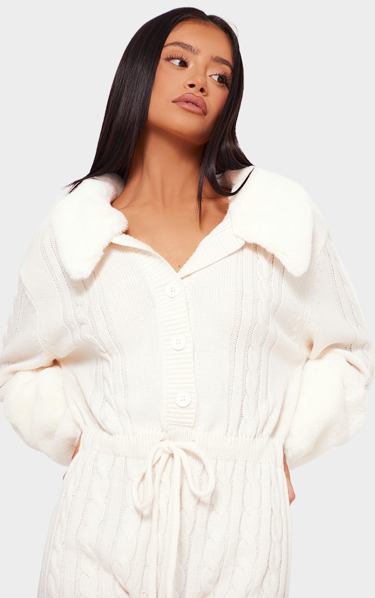 Petite Cream Faux Fur Trim Cable Knit Romper image 4