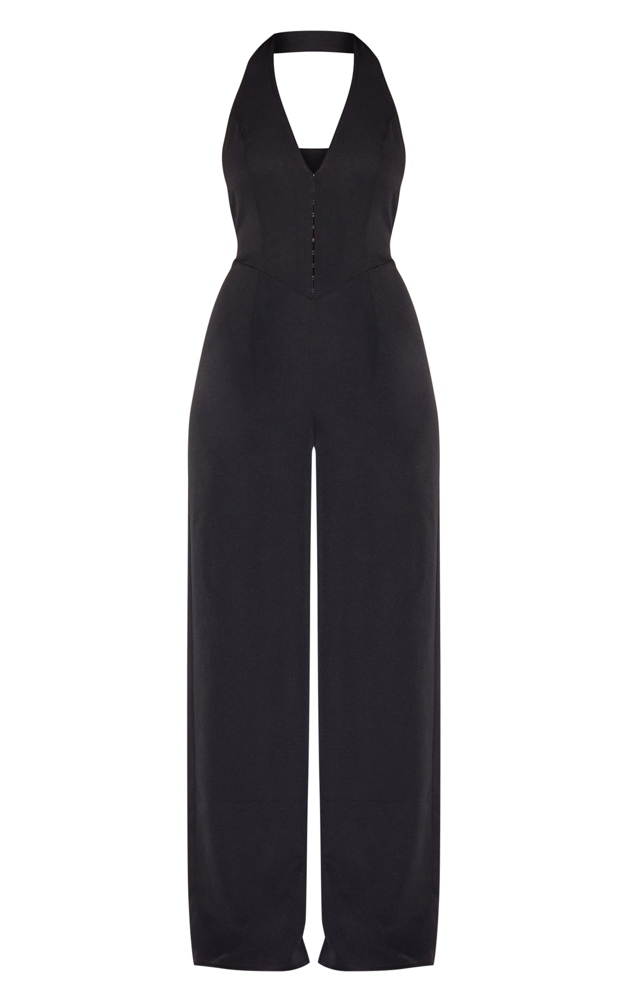 Black Woven Halter Neck Hook And Eye Detail Wide Leg Jumpsuit image 5
