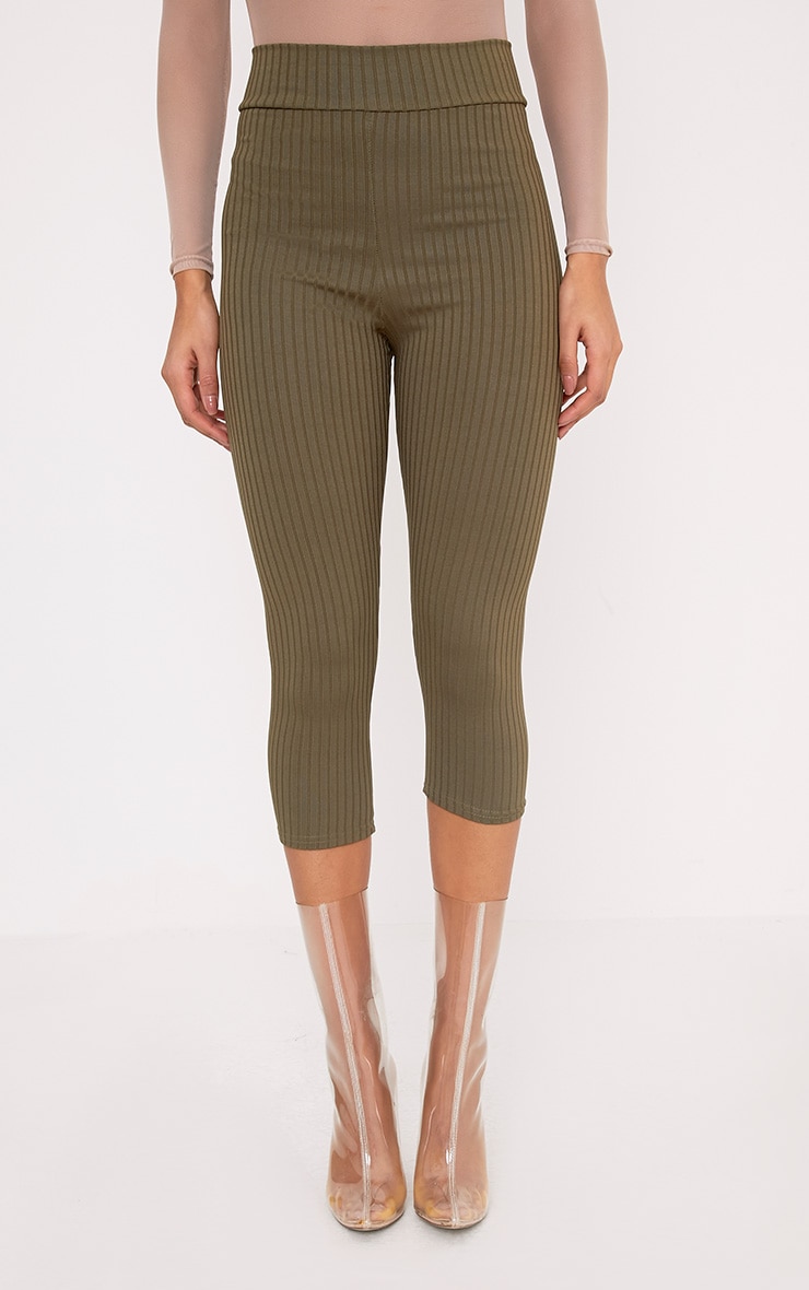 Harlie Khaki Cropped Ribbed High Waisted Leggings PrettyLittleThing USA