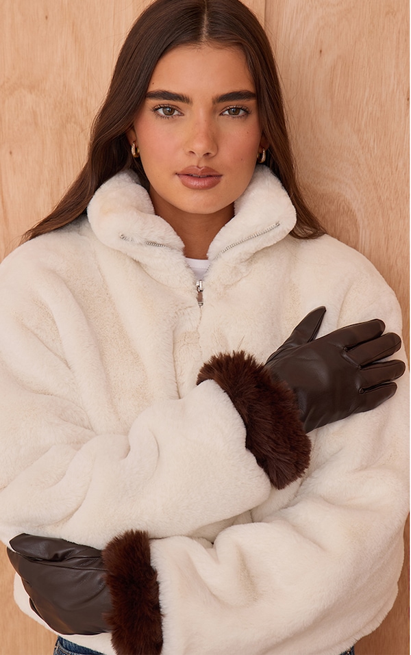 Chocolate Faux Fur Trim Gloves