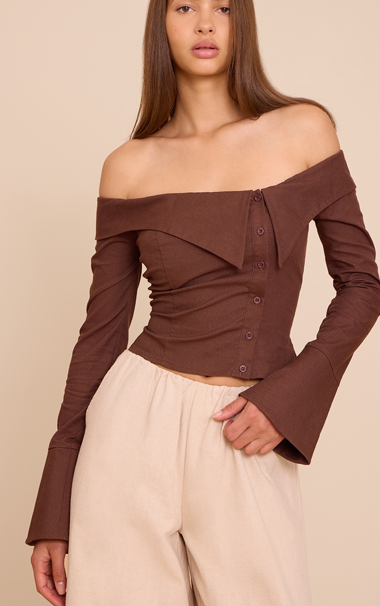 Chocolate Linen Bardot Button Up Shirt image 4