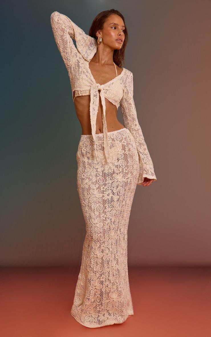 Cream Flower Embroidered Beach Maxi Skirt image 1