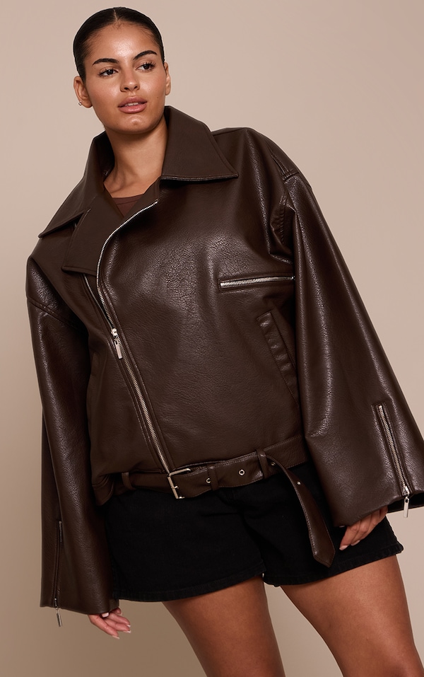 Plus Brown Faux Leather Oversized Biker Jacket