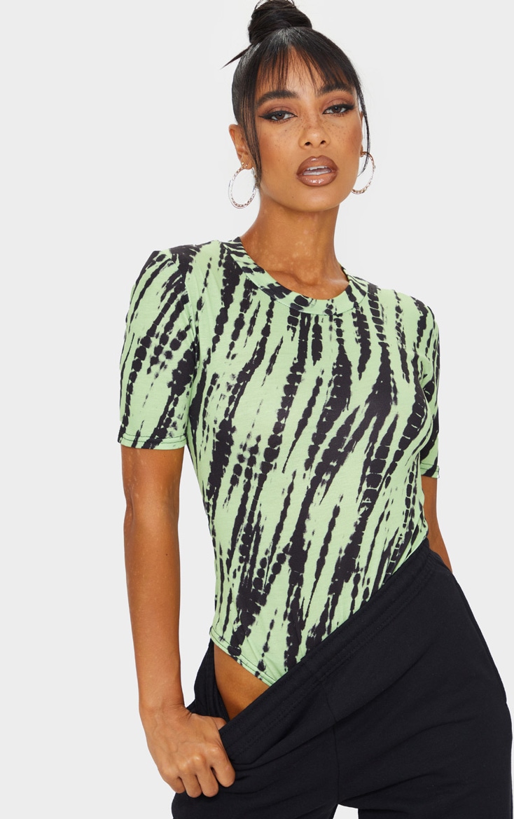 Green Zebra Print Round Neck Short Sleeve Bodysuit