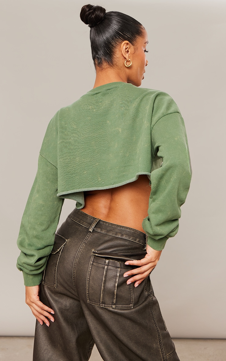 Green Washed Raw Hem Cropped Sweatshirt image 2