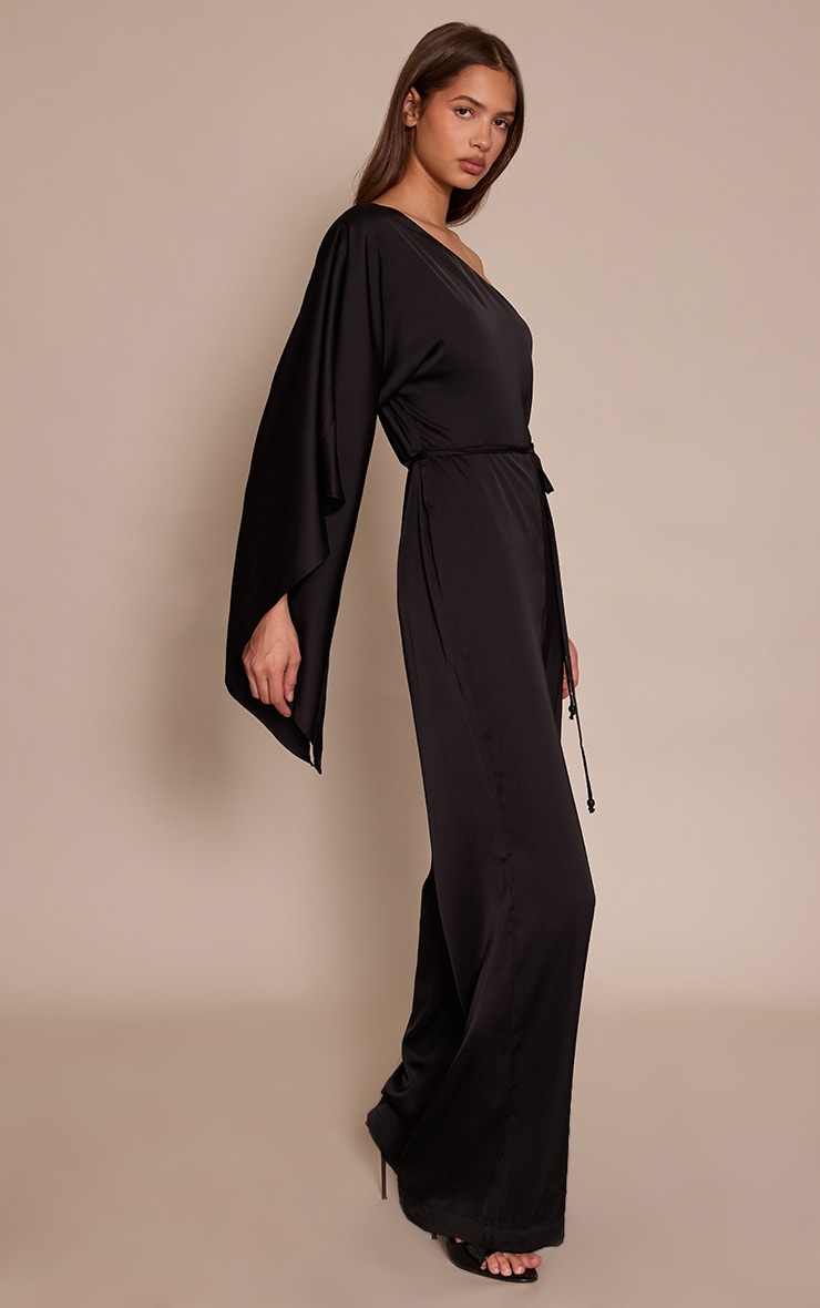 Black Satin Floaty One Shoulder Tie Waist Jumpsuit image 3