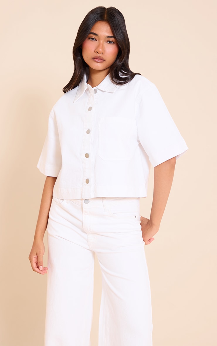 White Short Sleeve Pocket Detail Denim Shirt image 1