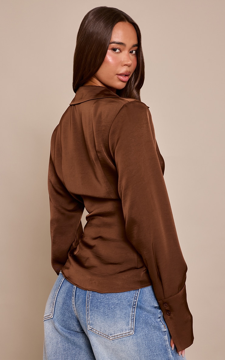 Brown Satin Asymmetric Button Shirt image 2