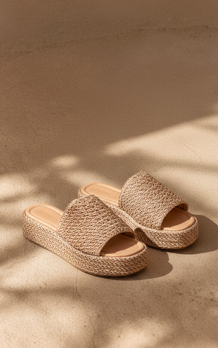 Natural Raffia Flatform Mule Sandals