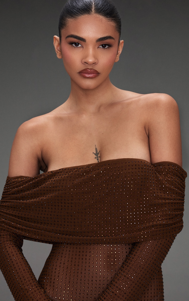 Chocolate Diamante Mesh Bardot Maxi Dress image 4