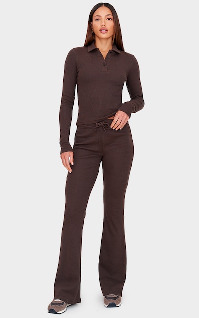 Tall Chocolate Drawstring Rib Flare Pants