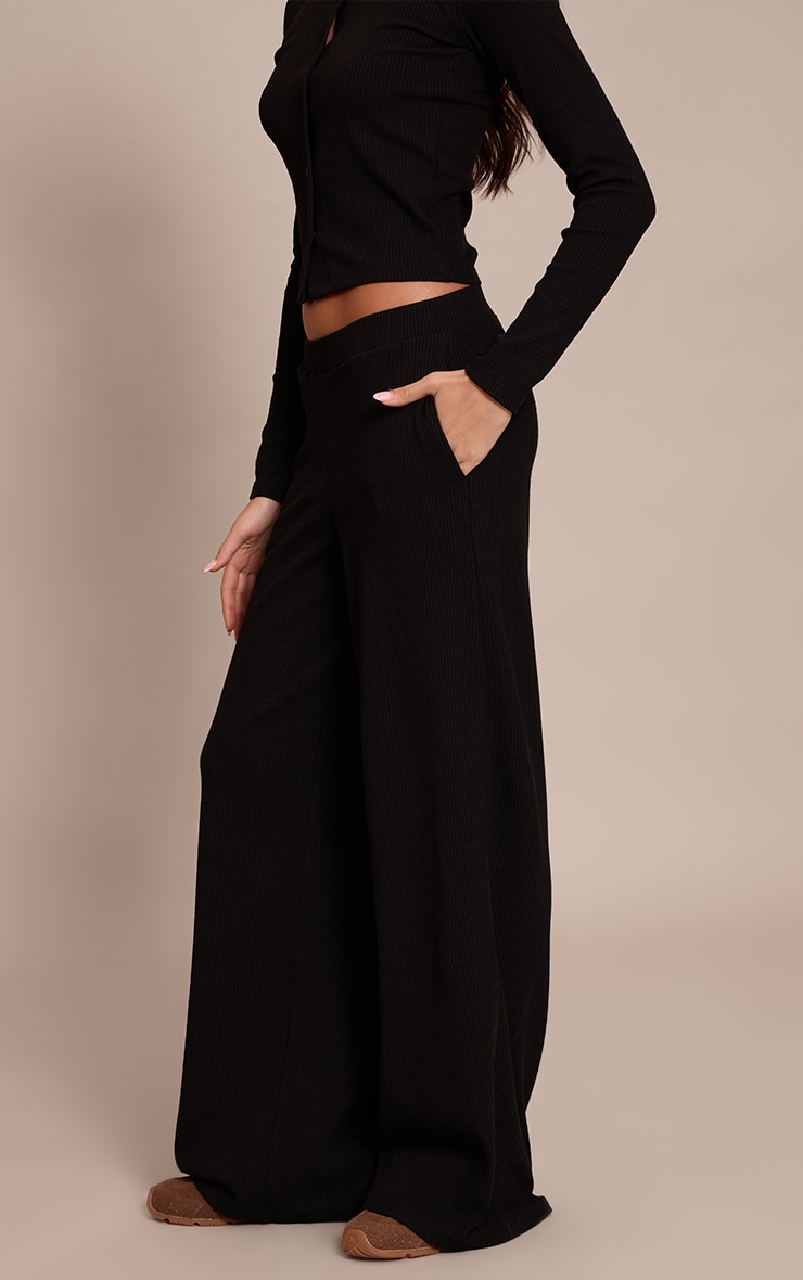 Black Rib Drawstring Low Rise Straight Leg Pant  image 2