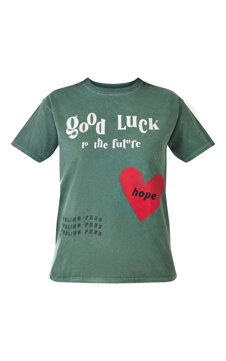 Khaki Good Luck Heart Print Washed T Shirt image 5