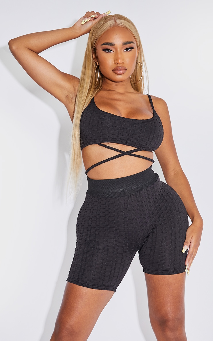 PRETTYLITTLETHING Shape Black Textured Ruched Bum Gym Shorts image 4