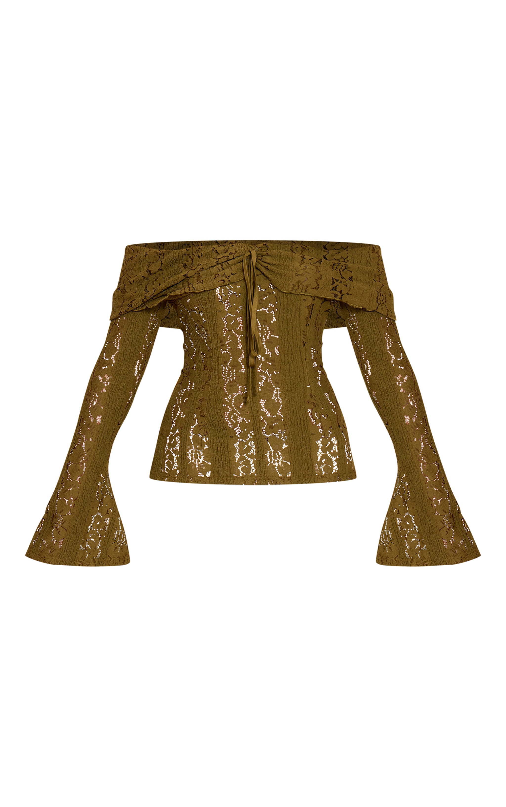 Dark Olive Fitted Lace Flared Sleeve Bardot Top image 5
