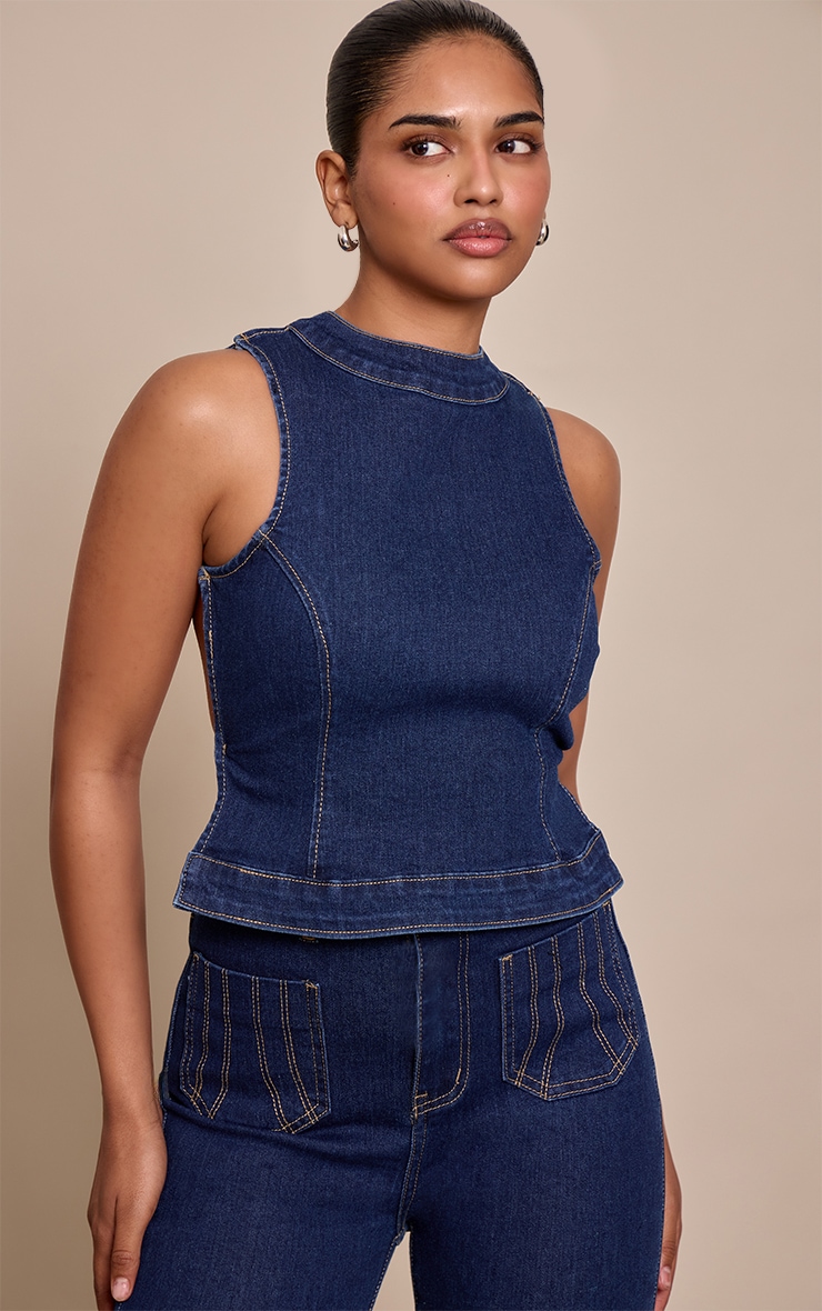 Petite Top en jean indigo à dos nu image 1