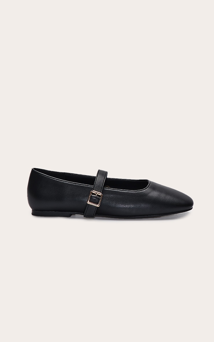Black Buttery PU Square Toe Buckle Ballet Flats image 2
